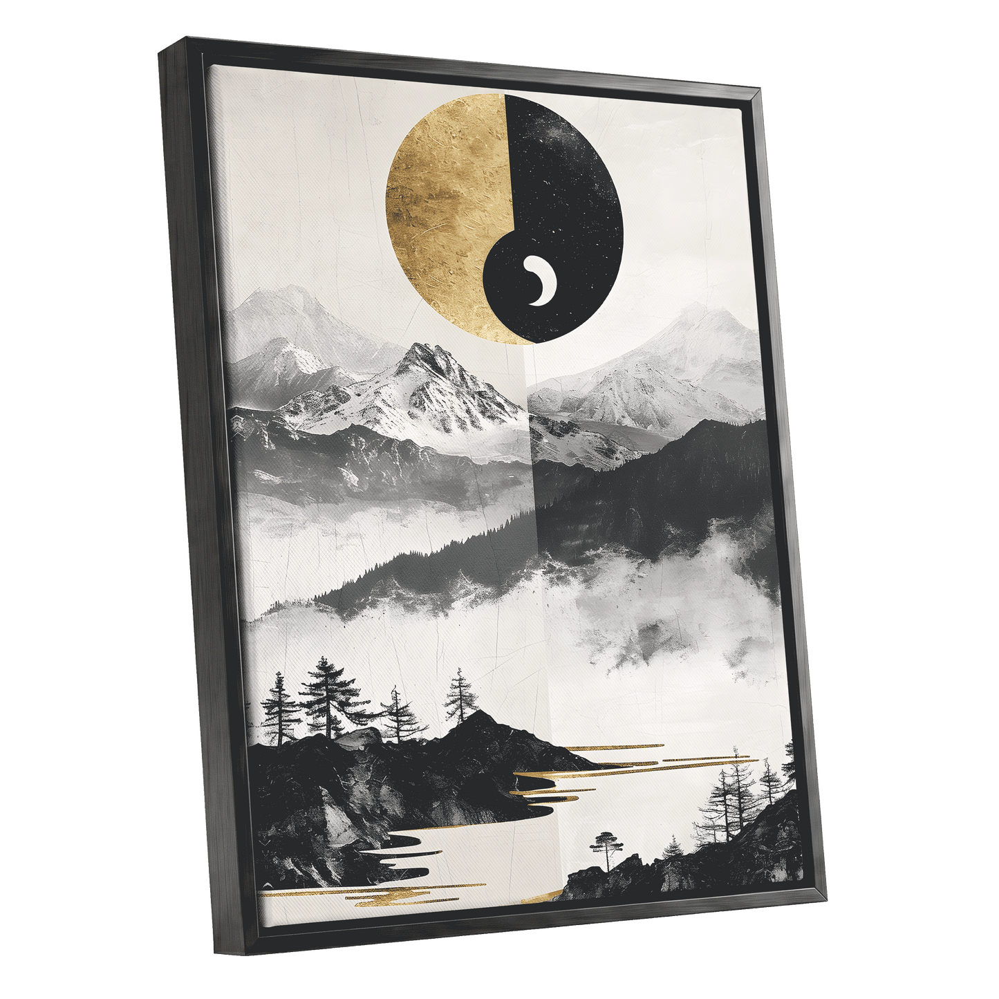Gilded Mountain Equinox, black, beige, gold nature wall art shown as a black framed canvas wall art