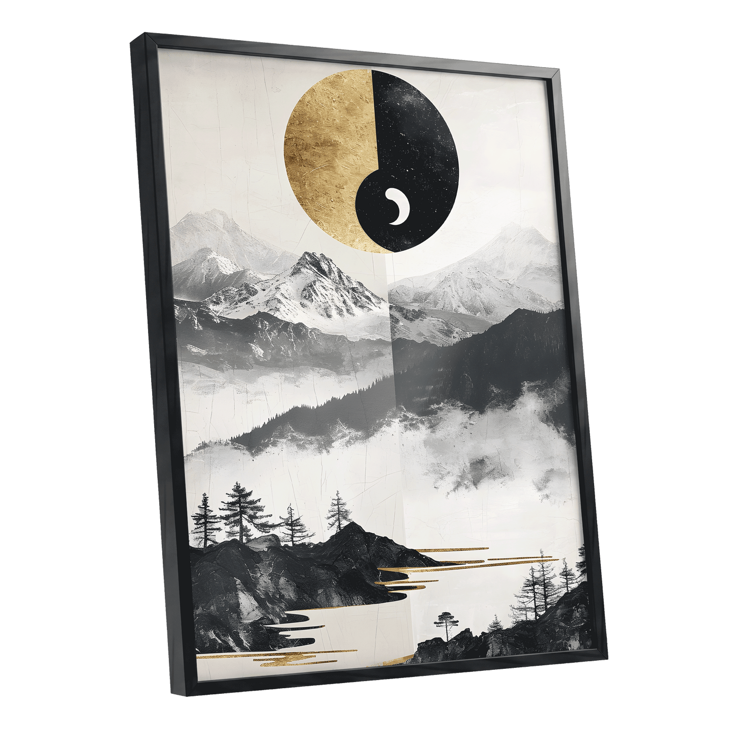Gilded Mountain Equinox, black, beige, gold nature wall art shown as a black framed poster wall art print