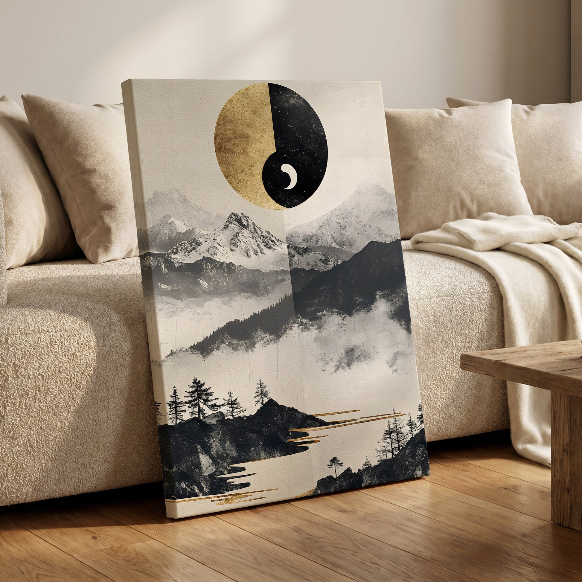 Gilded Mountain Equinox, black, beige, gold nature wall art on canvas displayed in a styled interior, gallery view 1