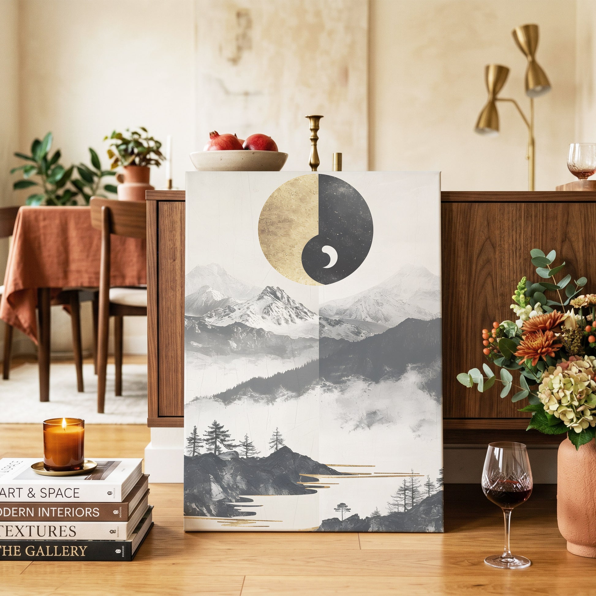 Gilded Mountain Equinox, black, beige, gold nature wall art on canvas displayed in a styled interior, gallery view 2