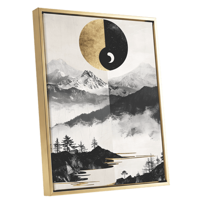 Gilded Mountain Equinox, black, beige, gold nature wall art shown as a gold framed canvas wall art
