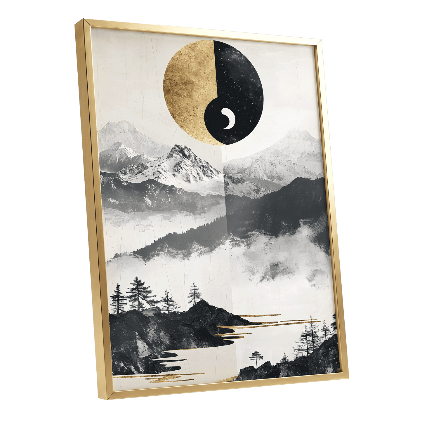 Gilded Mountain Equinox, black, beige, gold nature wall art shown as a gold framed poster wall art print