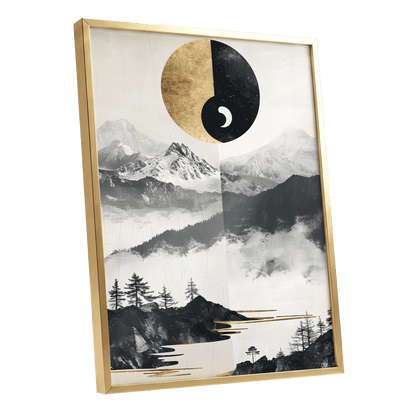 Gilded Mountain Equinox, black, beige, gold nature wall art shown as a gold framed poster wall art print