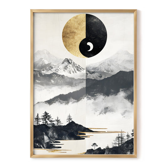 Gilded Mountain Equinox, black, beige, gold nature wall art, front artwork view