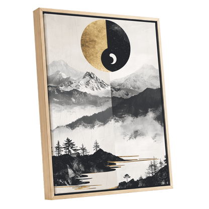Gilded Mountain Equinox, black, beige, gold nature wall art shown as a oak framed canvas wall art