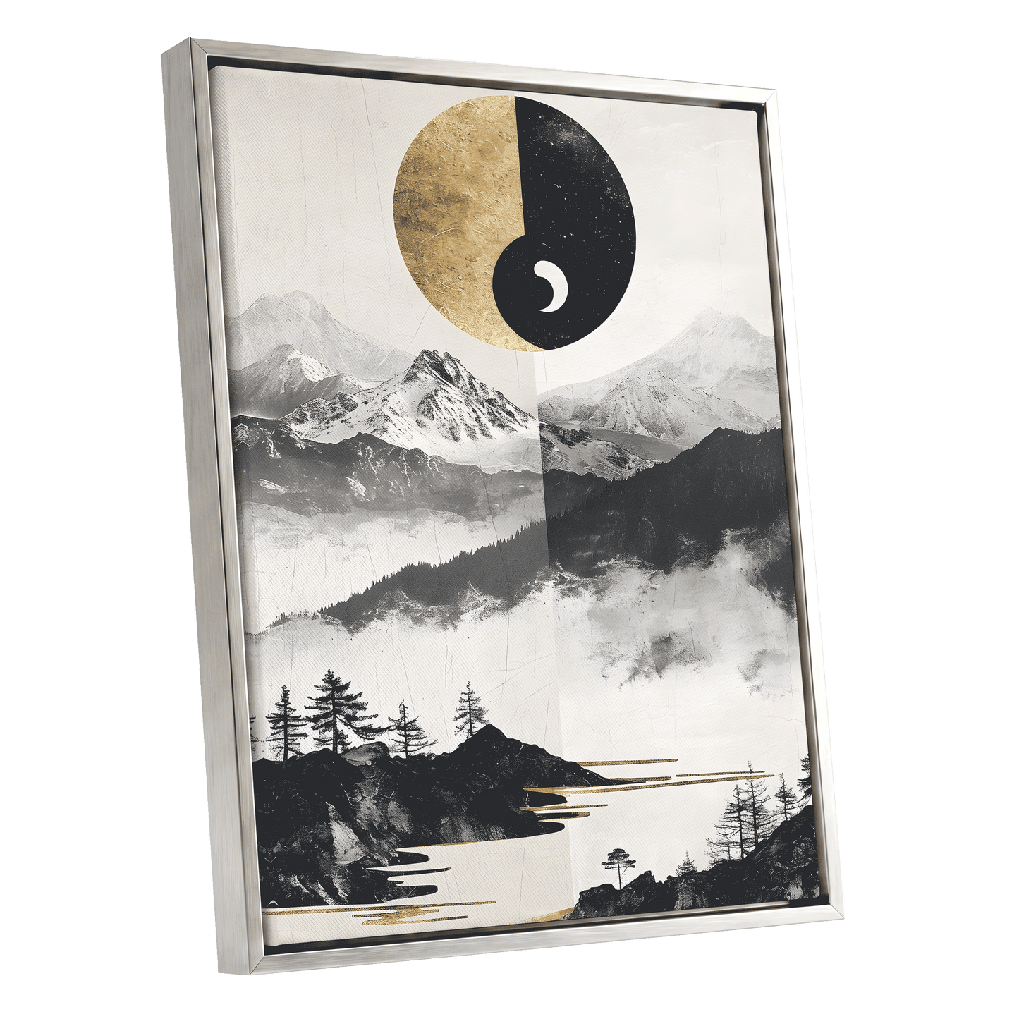 Gilded Mountain Equinox, black, beige, gold nature wall art shown as a silver framed canvas wall art