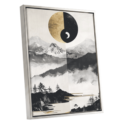 Gilded Mountain Equinox, black, beige, gold nature wall art shown as a silver framed canvas wall art
