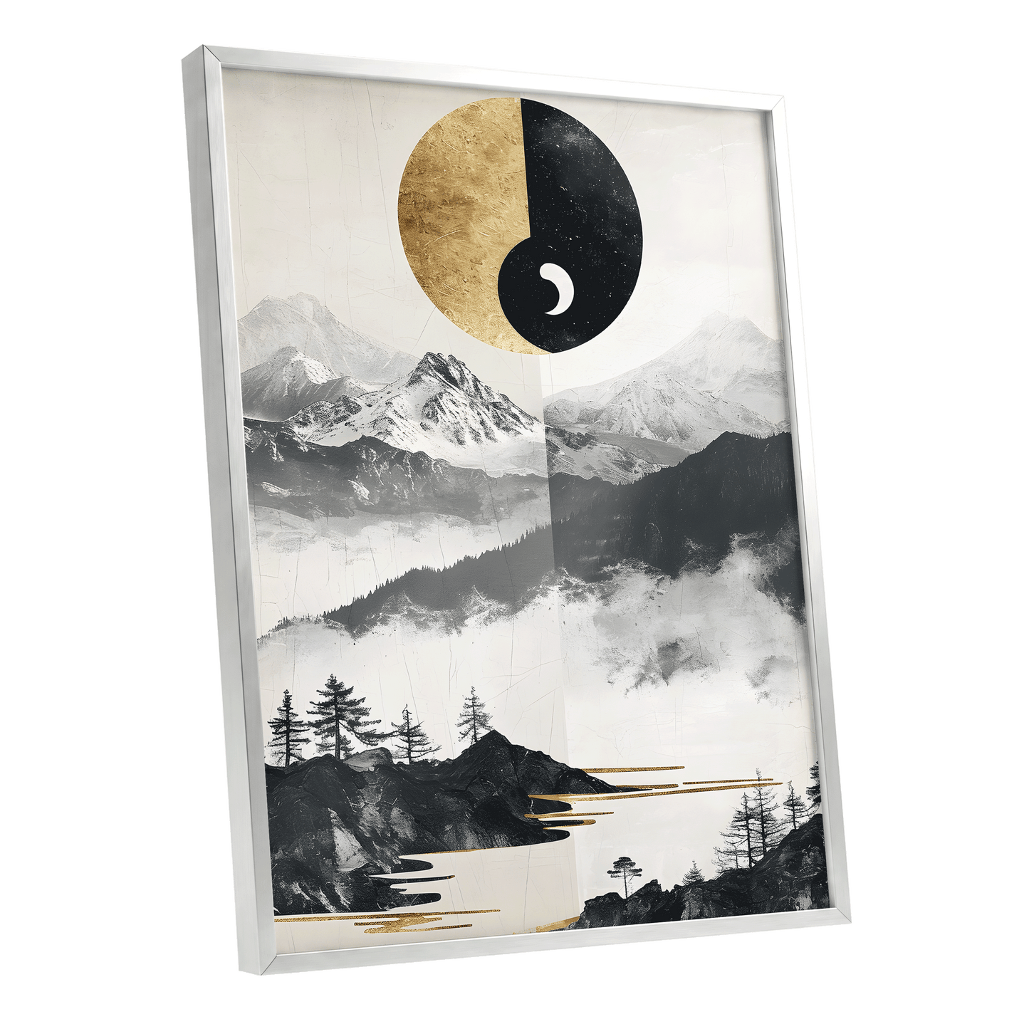 Gilded Mountain Equinox, black, beige, gold nature wall art shown as a silver framed poster wall art print