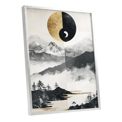 Gilded Mountain Equinox, black, beige, gold nature wall art shown as a silver framed poster wall art print