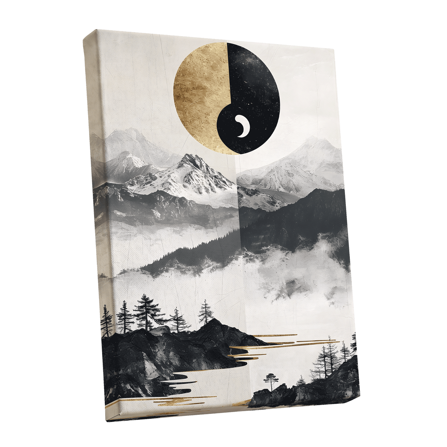 Gilded Mountain Equinox, black, beige, gold nature wall art shown as a stretched canvas wall art