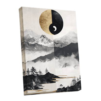 Gilded Mountain Equinox, black, beige, gold nature wall art shown as a stretched canvas wall art
