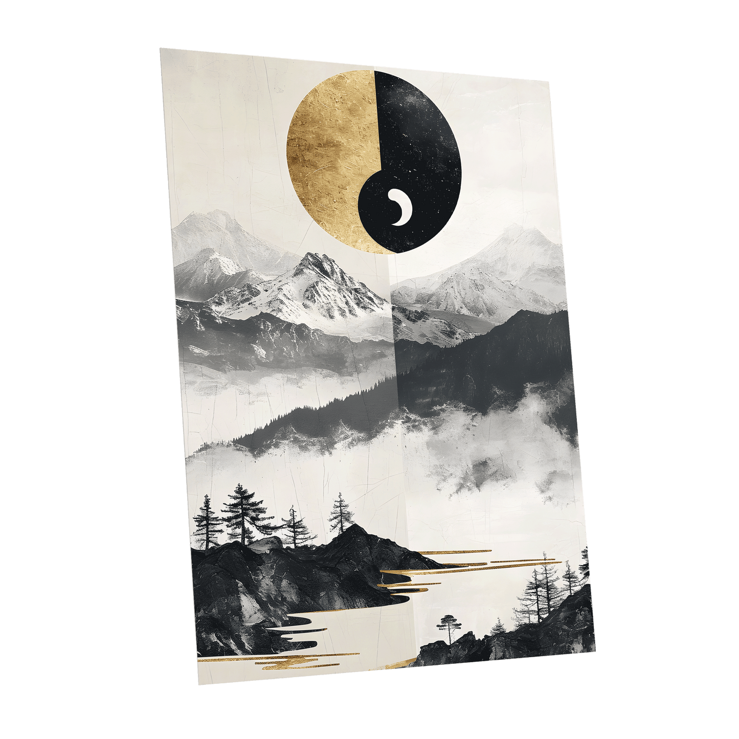 Gilded Mountain Equinox, black, beige, gold nature wall art shown as a unframed poster wall art print