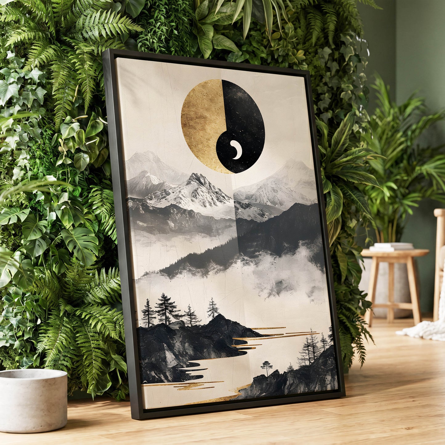 Gilded Mountain Equinox, black, beige, gold nature wall art displayed in a styled interior, gallery view 1