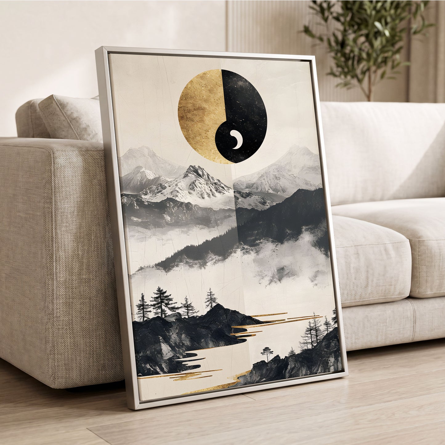 Gilded Mountain Equinox, black, beige, gold nature wall art displayed in a styled interior, gallery view 2