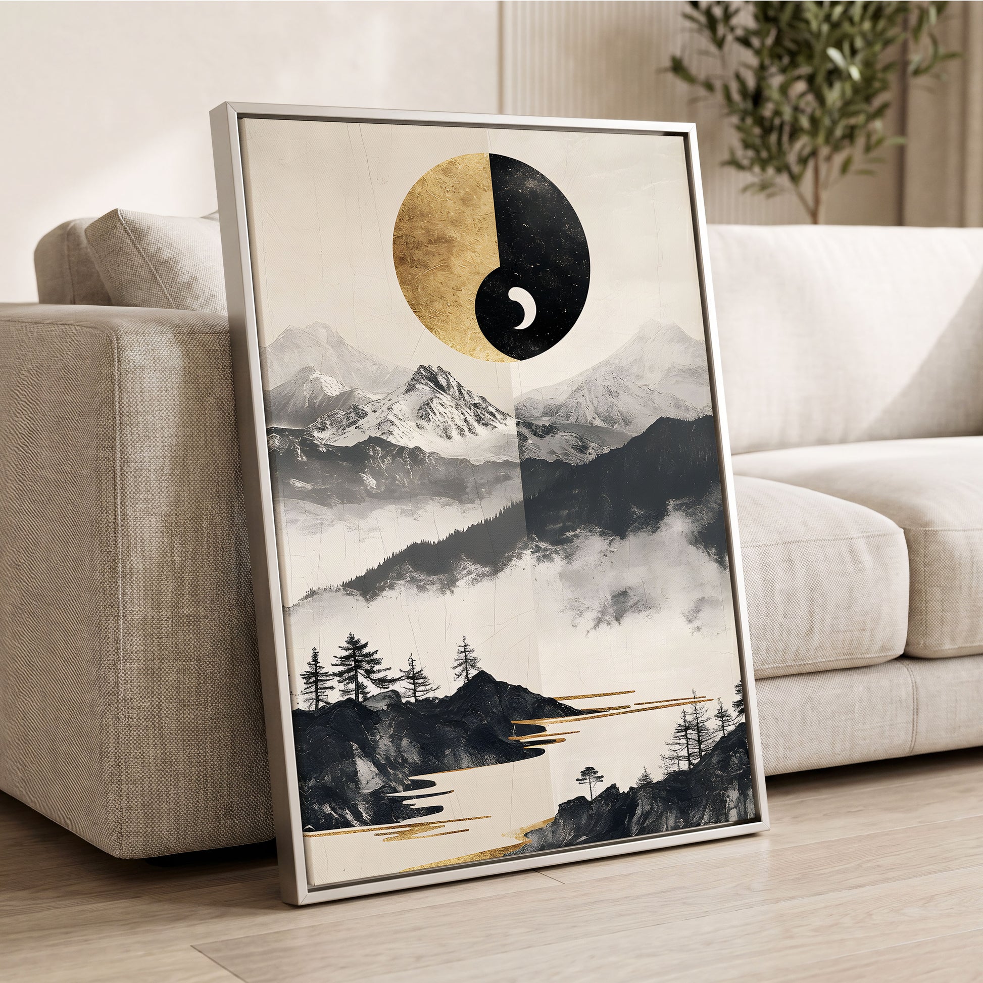 Gilded Mountain Equinox, black, beige, gold nature wall art displayed in a styled interior, gallery view 2