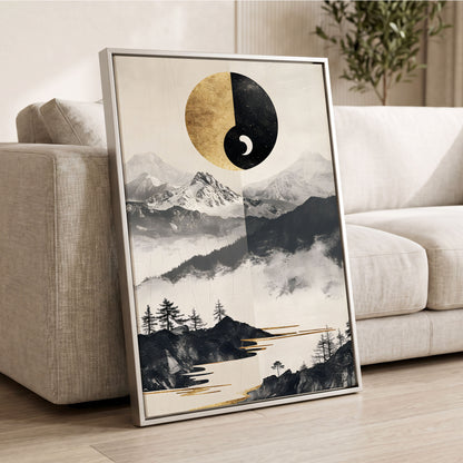 Gilded Mountain Equinox, black, beige, gold nature wall art displayed in a styled interior, gallery view 2