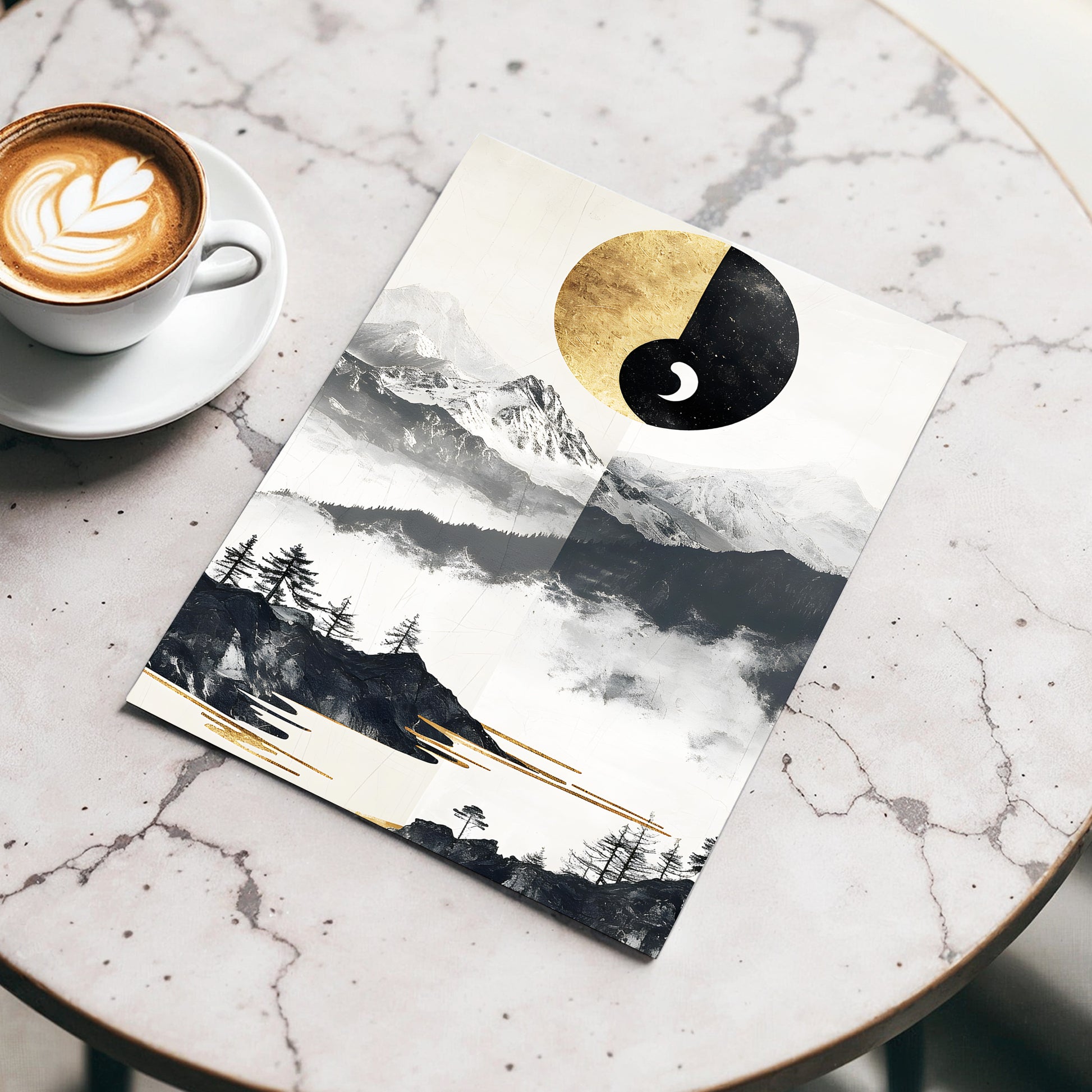 Gilded Mountain Equinox, black, beige, gold nature wall art displayed in a styled interior, gallery view 3