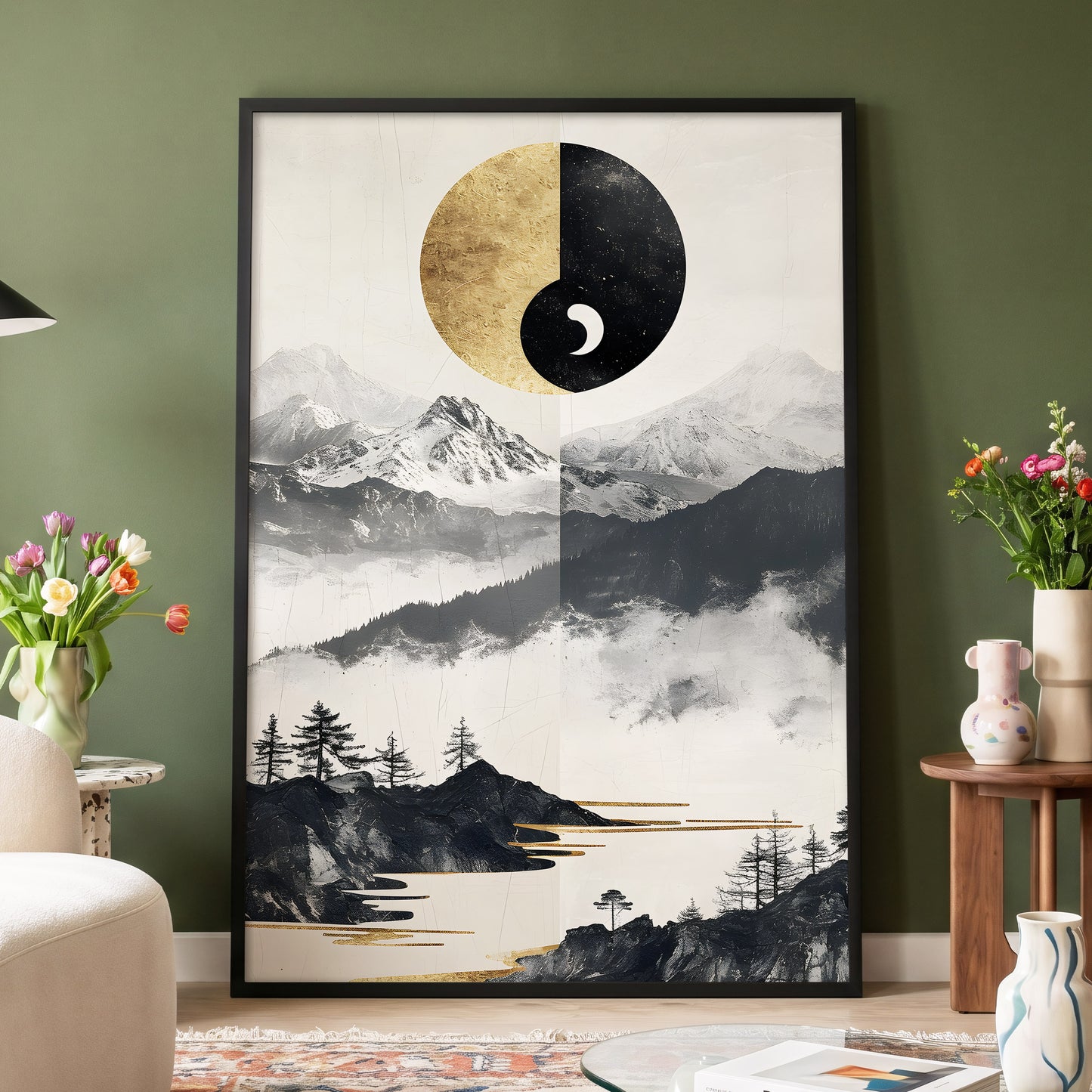 Gilded Mountain Equinox, black, beige, gold nature wall art displayed in a styled interior, gallery view 4
