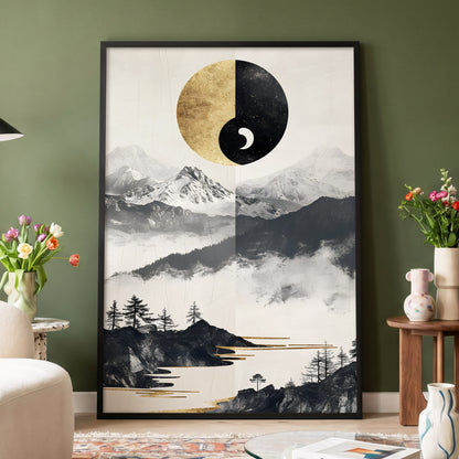 Gilded Mountain Equinox, black, beige, gold nature wall art displayed in a styled interior, gallery view 4