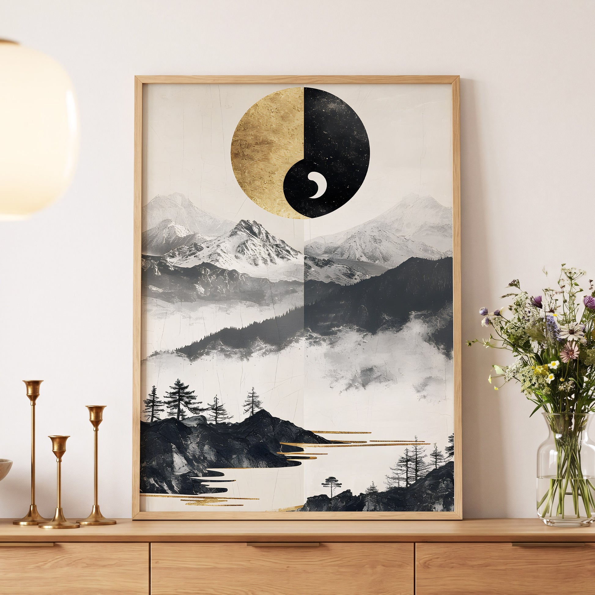 Gilded Mountain Equinox, black, beige, gold nature wall art displayed in a styled interior, gallery view 5