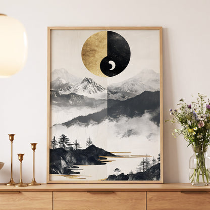 Gilded Mountain Equinox, black, beige, gold nature wall art displayed in a styled interior, gallery view 5