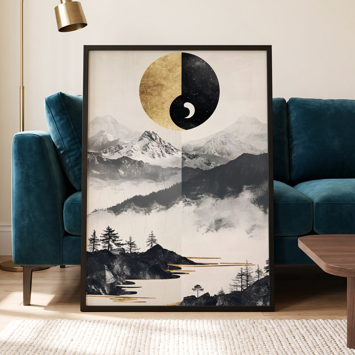 Gilded Mountain Equinox, black, beige, gold nature wall art displayed in a styled interior, gallery view 6