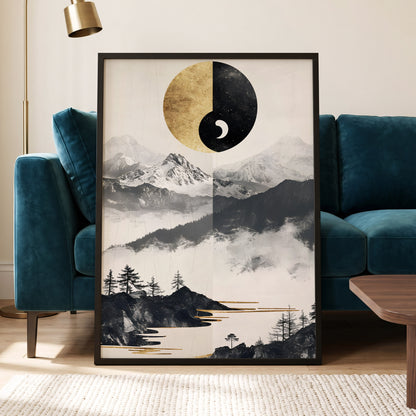 Gilded Mountain Equinox, black, beige, gold nature wall art displayed in a styled interior, gallery view 6
