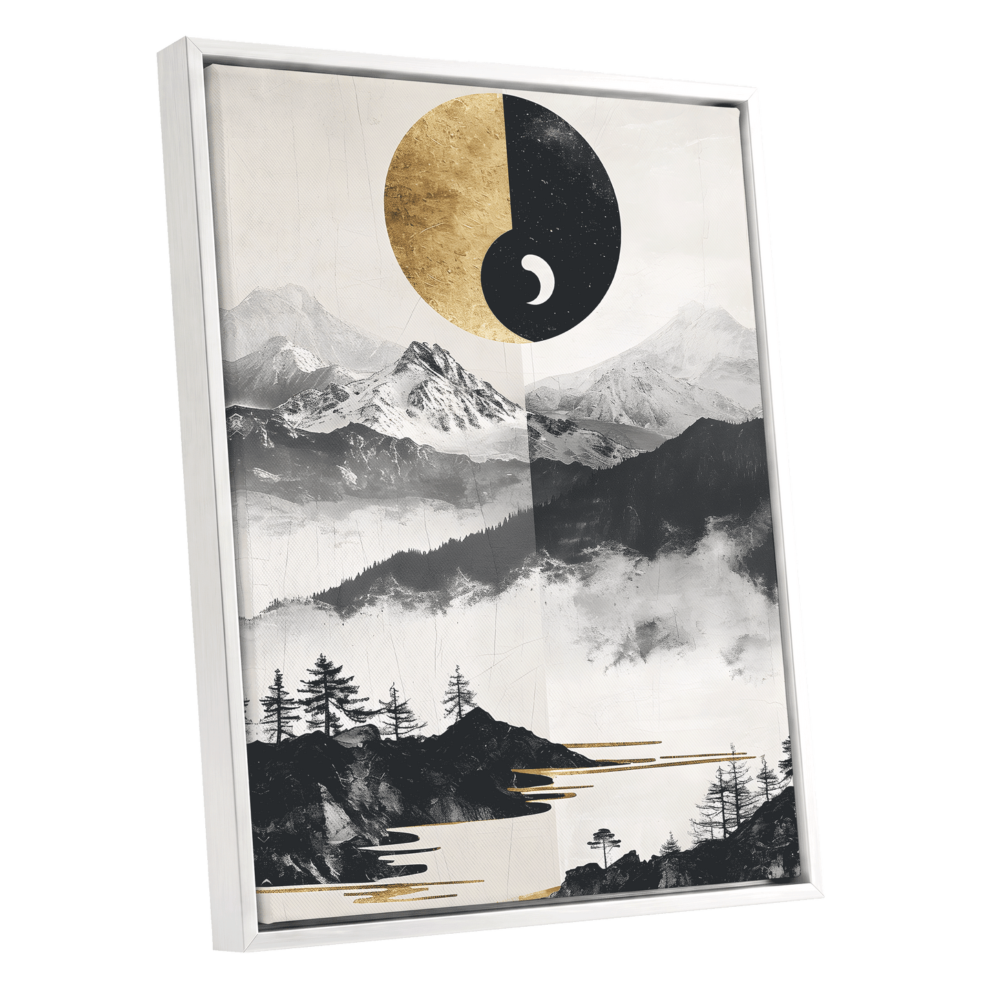 Gilded Mountain Equinox, black, beige, gold nature wall art shown as a white framed canvas wall art