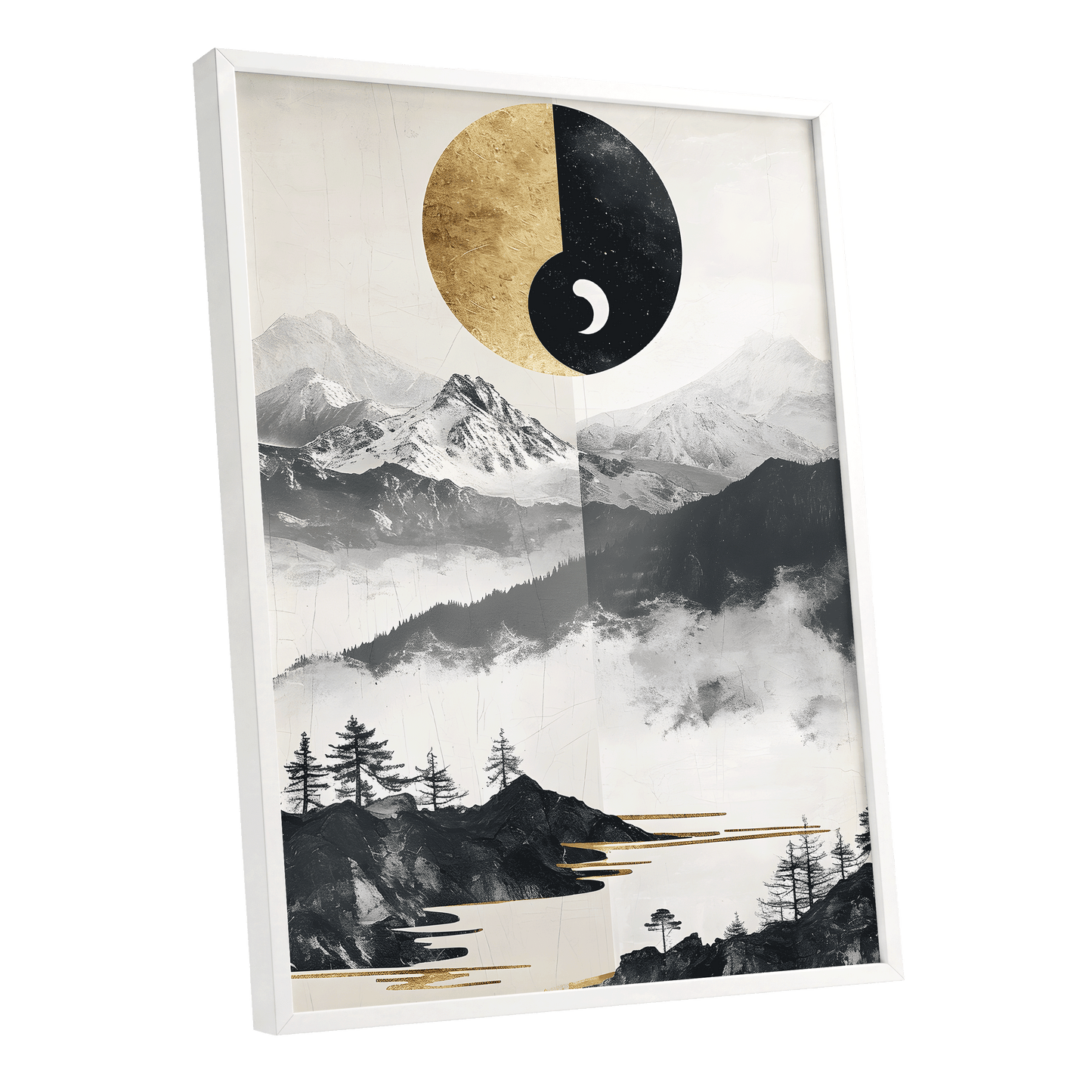 Gilded Mountain Equinox, black, beige, gold nature wall art shown as a white framed poster wall art print