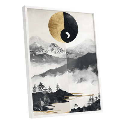 Gilded Mountain Equinox, black, beige, gold nature wall art shown as a white framed poster wall art print