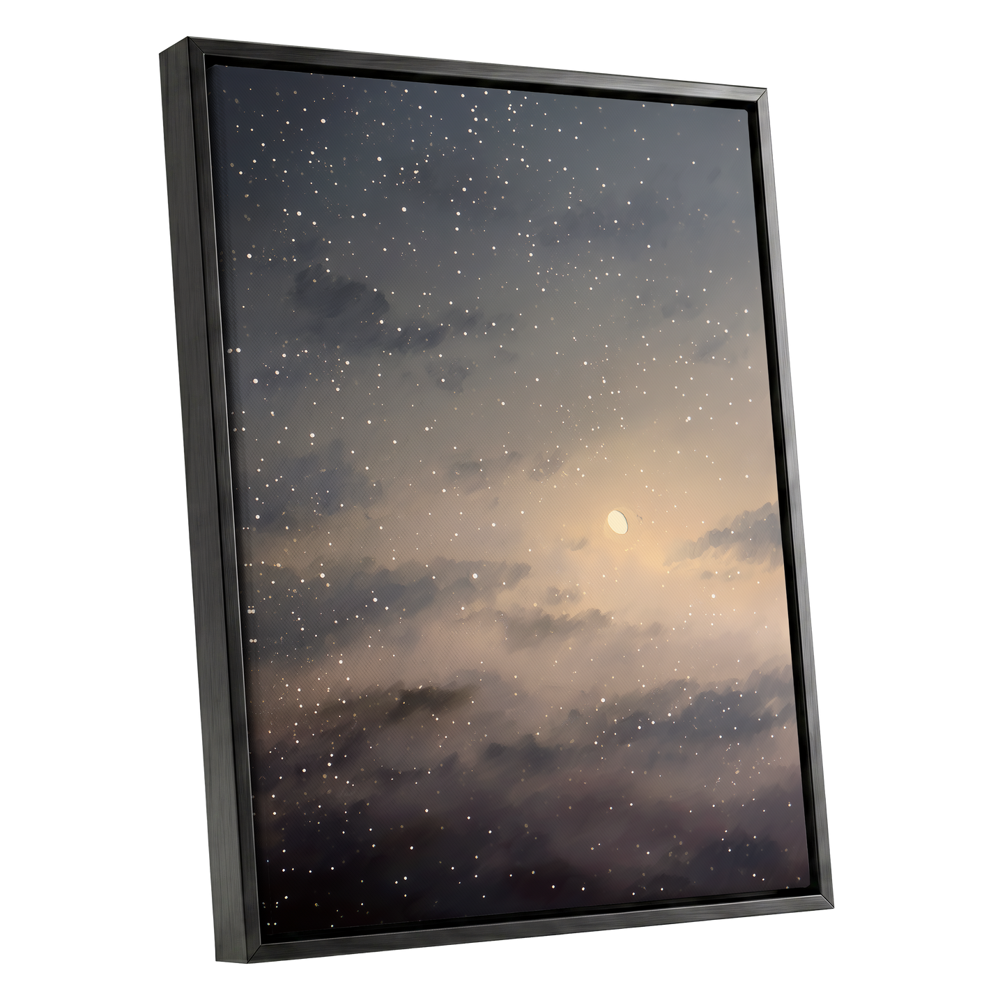 Gilded Nightfall, gray, beige, gold nature wall art shown as a black framed canvas wall art