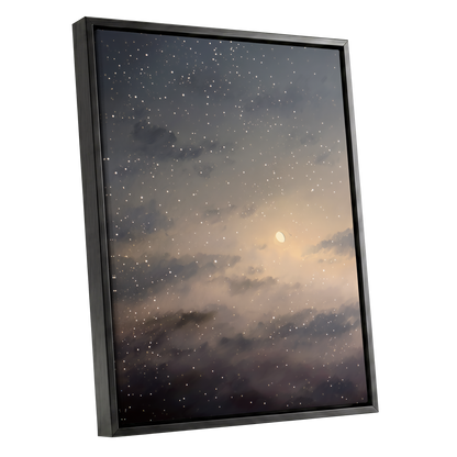 Gilded Nightfall, gray, beige, gold nature wall art shown as a black framed canvas wall art