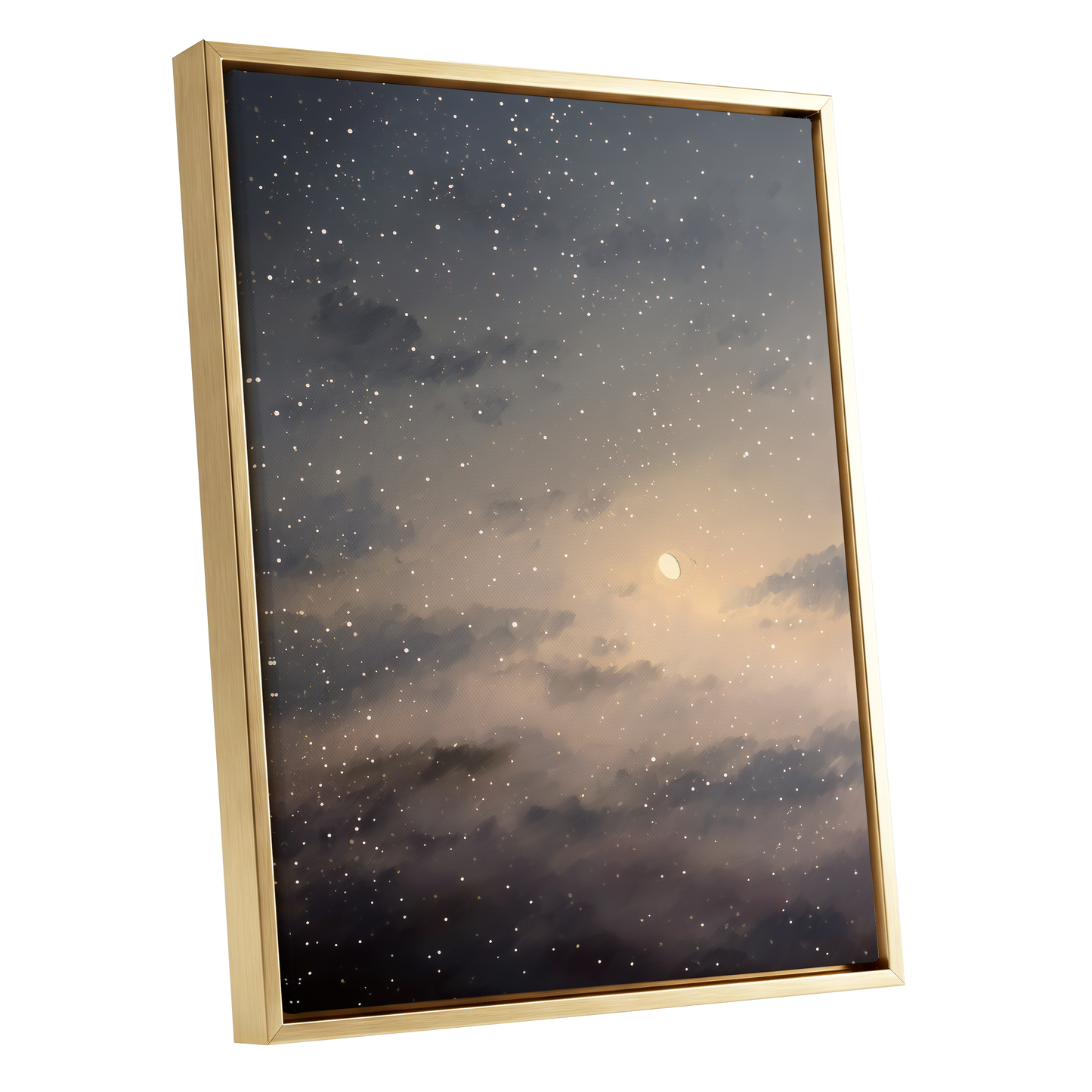 Gilded Nightfall, gray, beige, gold nature wall art shown as a gold framed canvas wall art
