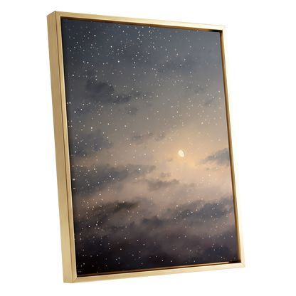 Gilded Nightfall, gray, beige, gold nature wall art shown as a gold framed canvas wall art