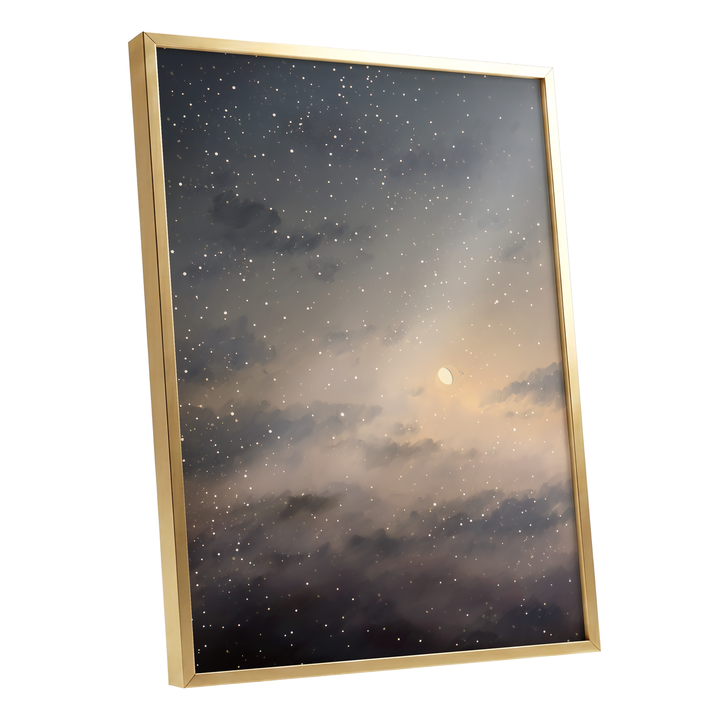 Gilded Nightfall, gray, beige, gold nature wall art shown as a gold framed poster wall art print