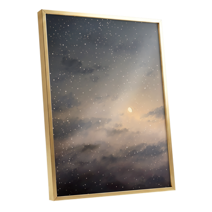 Gilded Nightfall, gray, beige, gold nature wall art shown as a gold framed poster wall art print