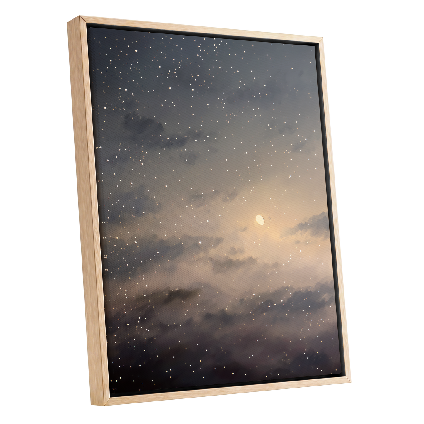 Gilded Nightfall, gray, beige, gold nature wall art shown as a oak framed canvas wall art
