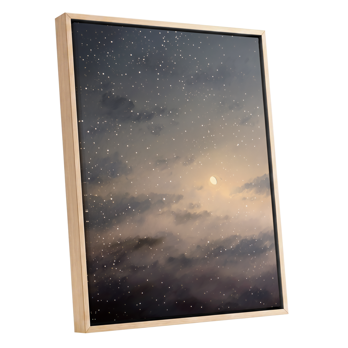 Gilded Nightfall, gray, beige, gold nature wall art shown as a oak framed canvas wall art