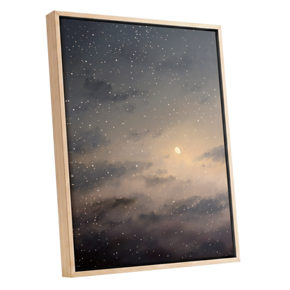 Gilded Nightfall, gray, beige, gold nature wall art shown as a oak framed canvas wall art