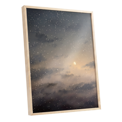 Gilded Nightfall, gray, beige, gold nature wall art shown as a oak framed poster wall art print