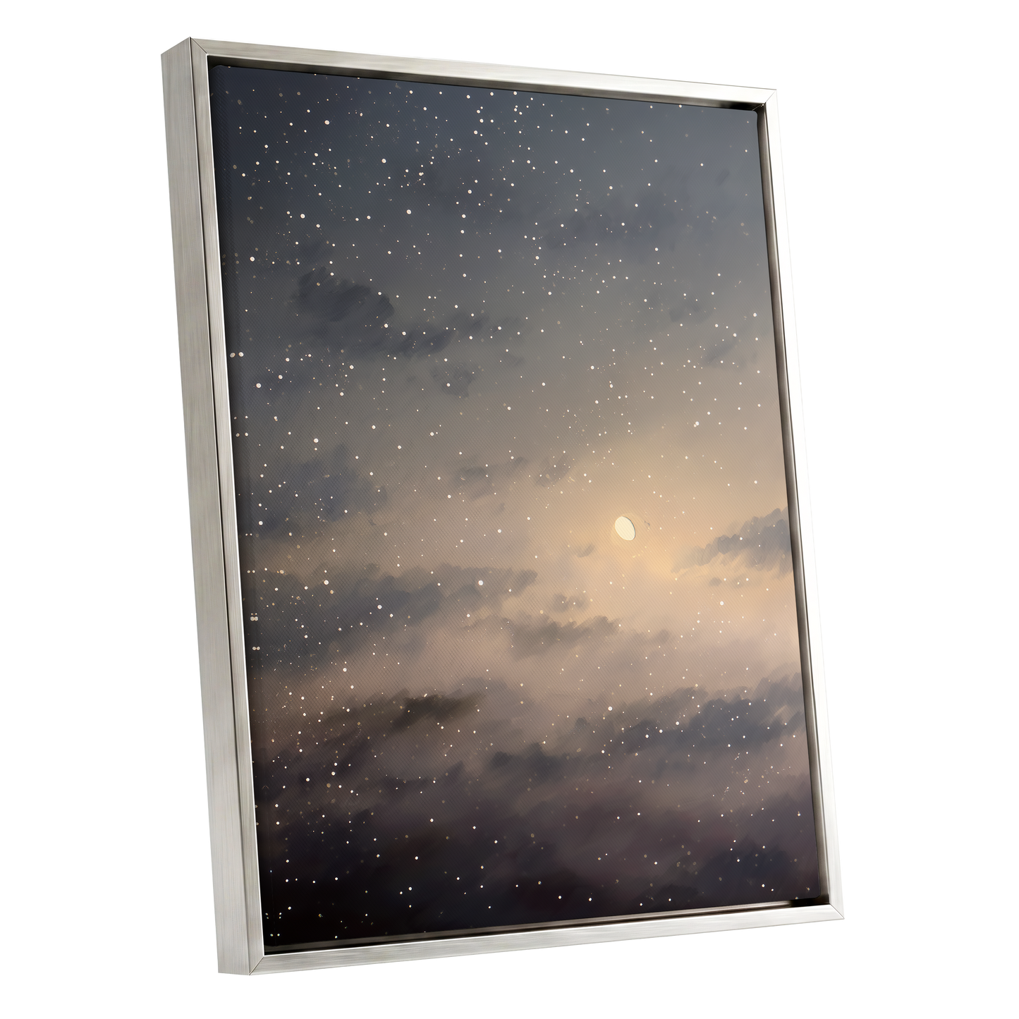 Gilded Nightfall, gray, beige, gold nature wall art shown as a silver framed canvas wall art