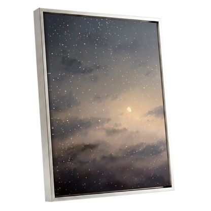 Gilded Nightfall, gray, beige, gold nature wall art shown as a silver framed canvas wall art