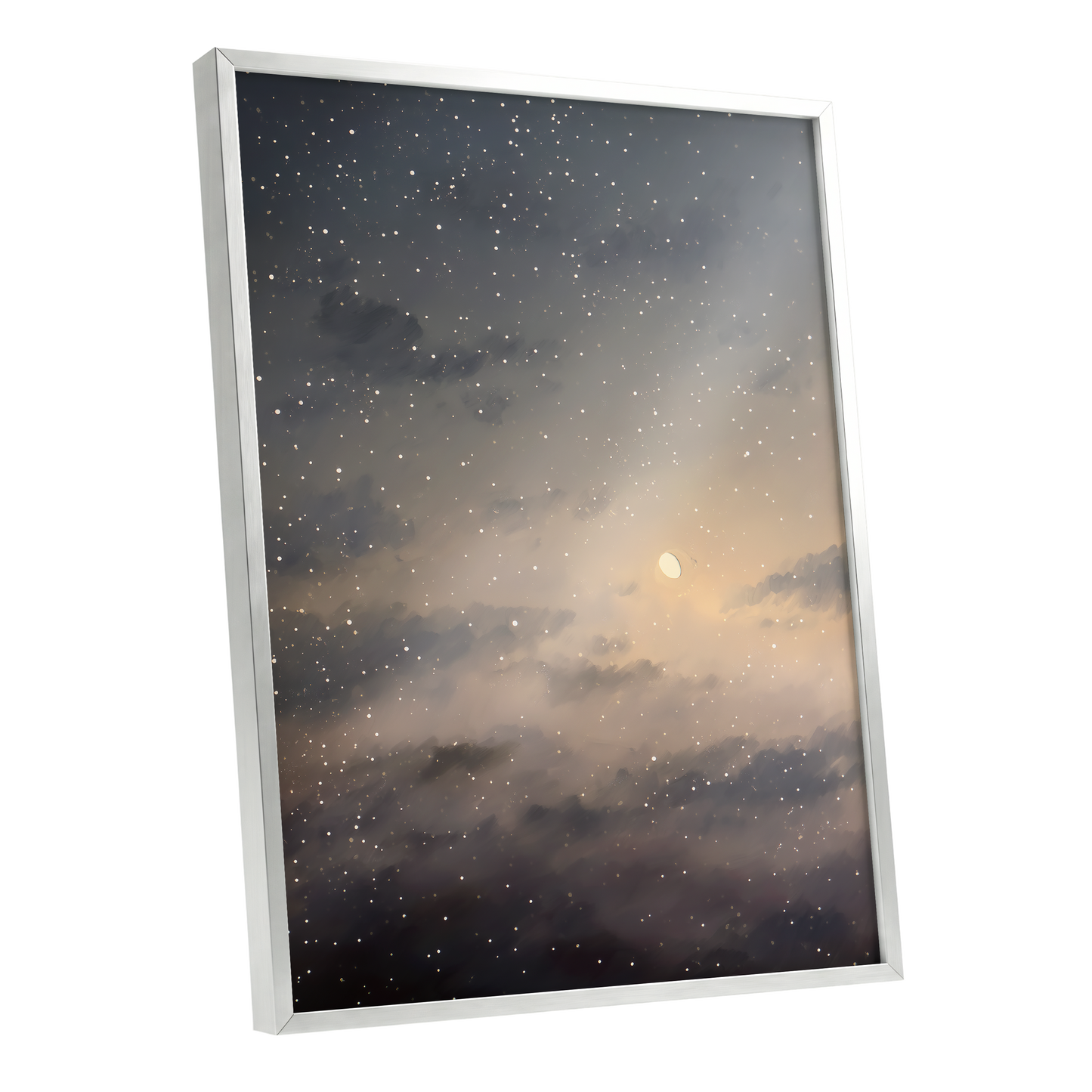 Gilded Nightfall, gray, beige, gold nature wall art shown as a silver framed poster wall art print