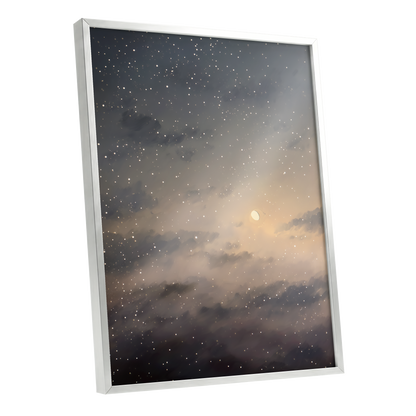 Gilded Nightfall, gray, beige, gold nature wall art shown as a silver framed poster wall art print