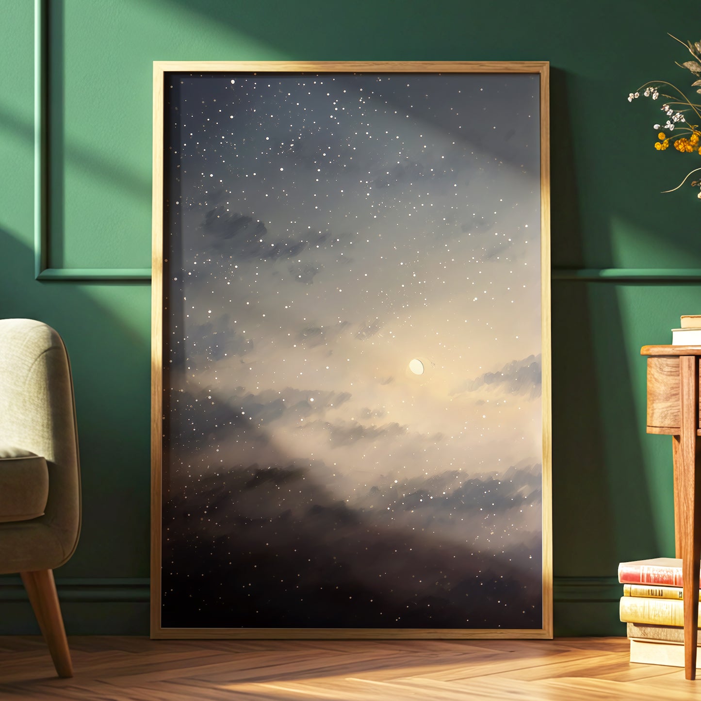 Gilded Nightfall, gray, beige, gold nature wall art displayed in a styled interior, gallery view 2