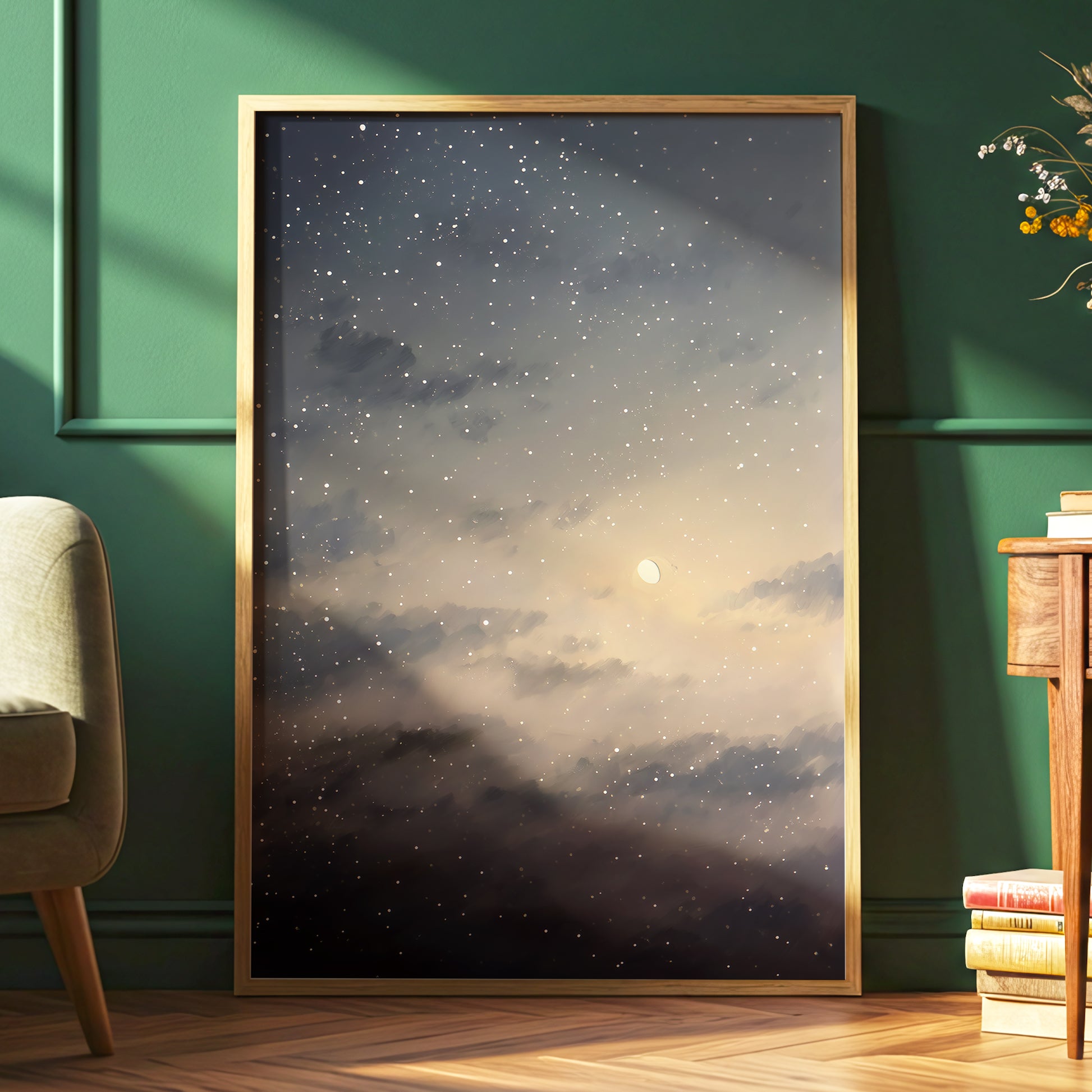 Gilded Nightfall, gray, beige, gold nature wall art displayed in a styled interior, gallery view 2