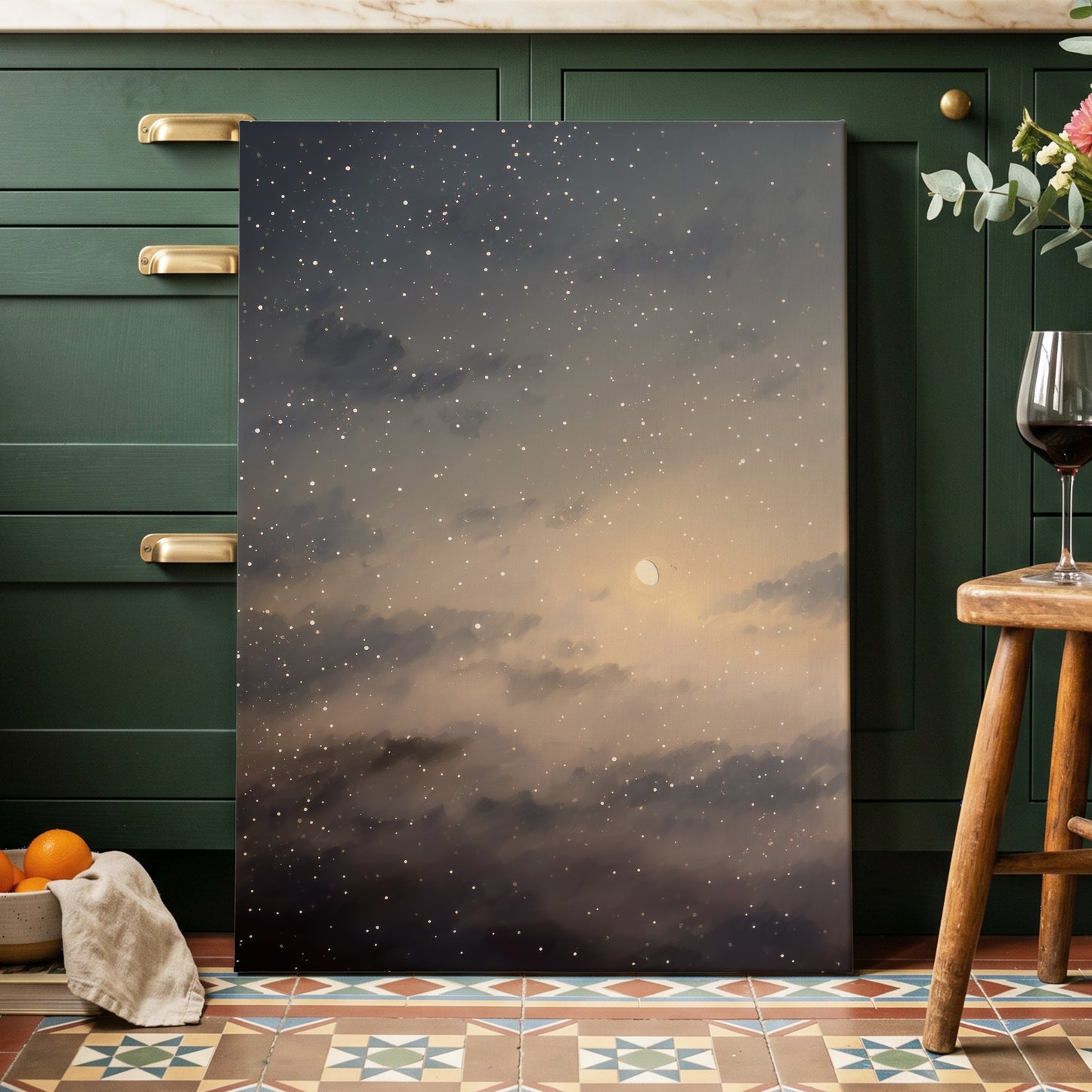 Gilded Nightfall, gray, beige, gold nature wall art displayed in a styled interior, gallery view 3
