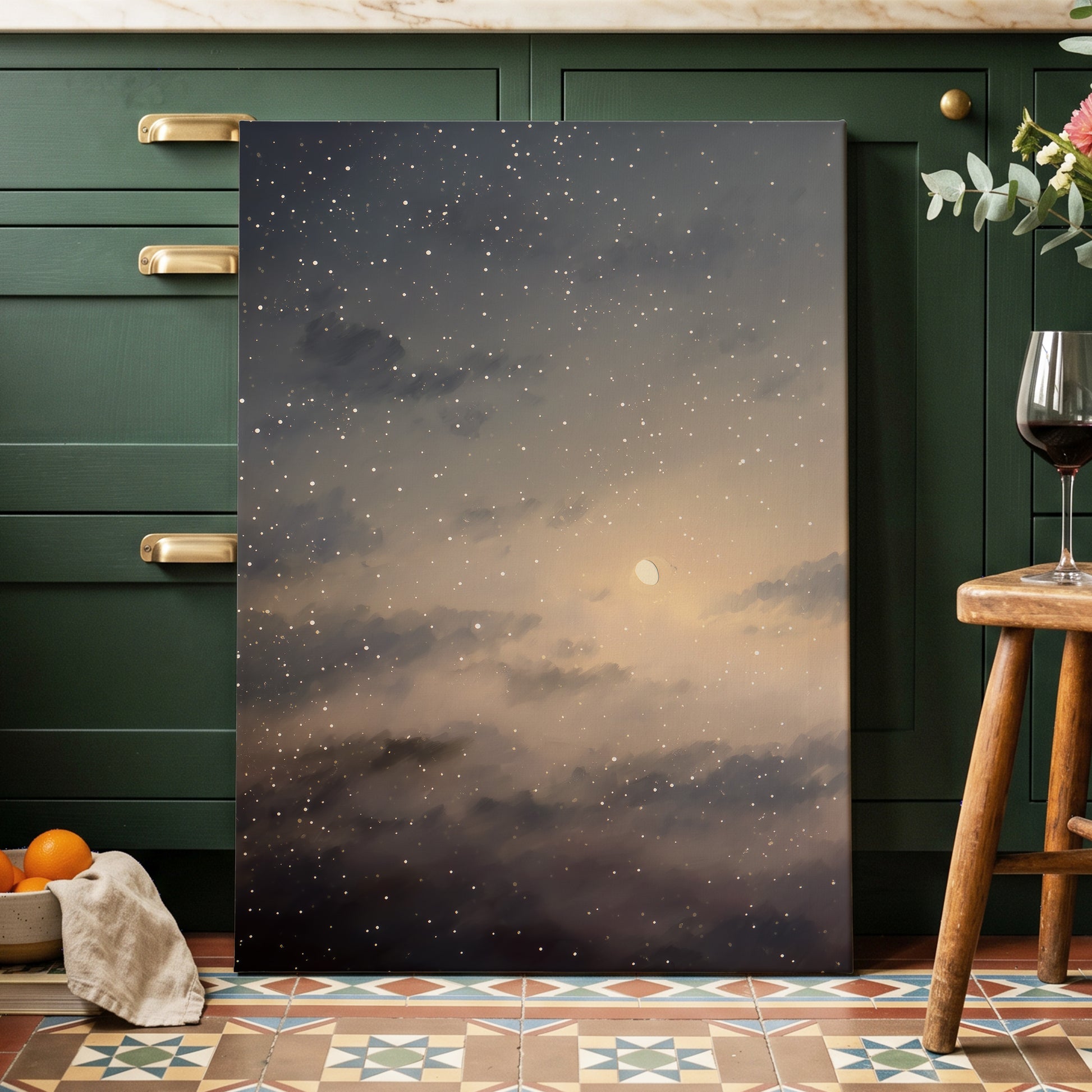 Gilded Nightfall, gray, beige, gold nature wall art displayed in a styled interior, gallery view 3