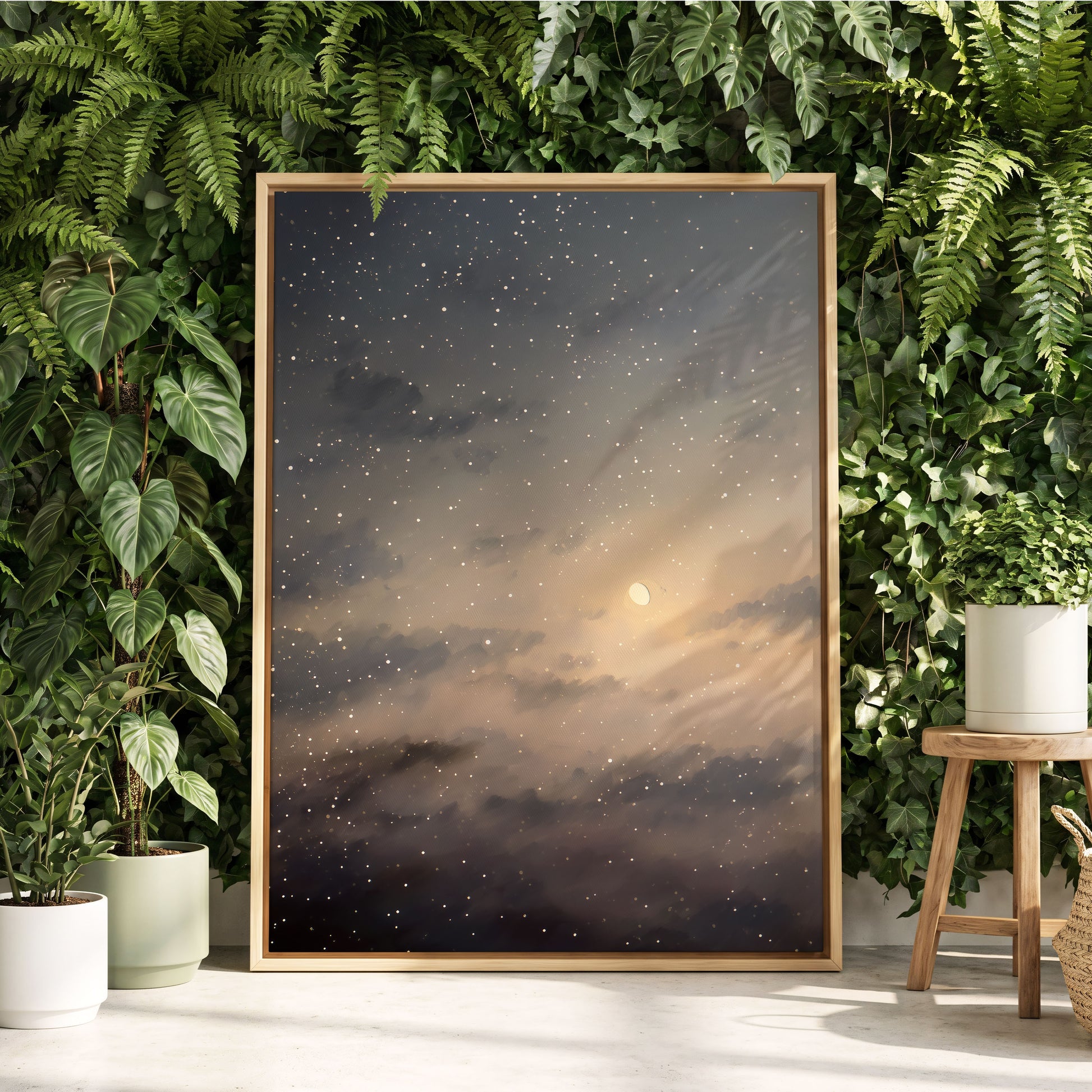 Gilded Nightfall, gray, beige, gold nature wall art displayed in a styled interior, gallery view 4