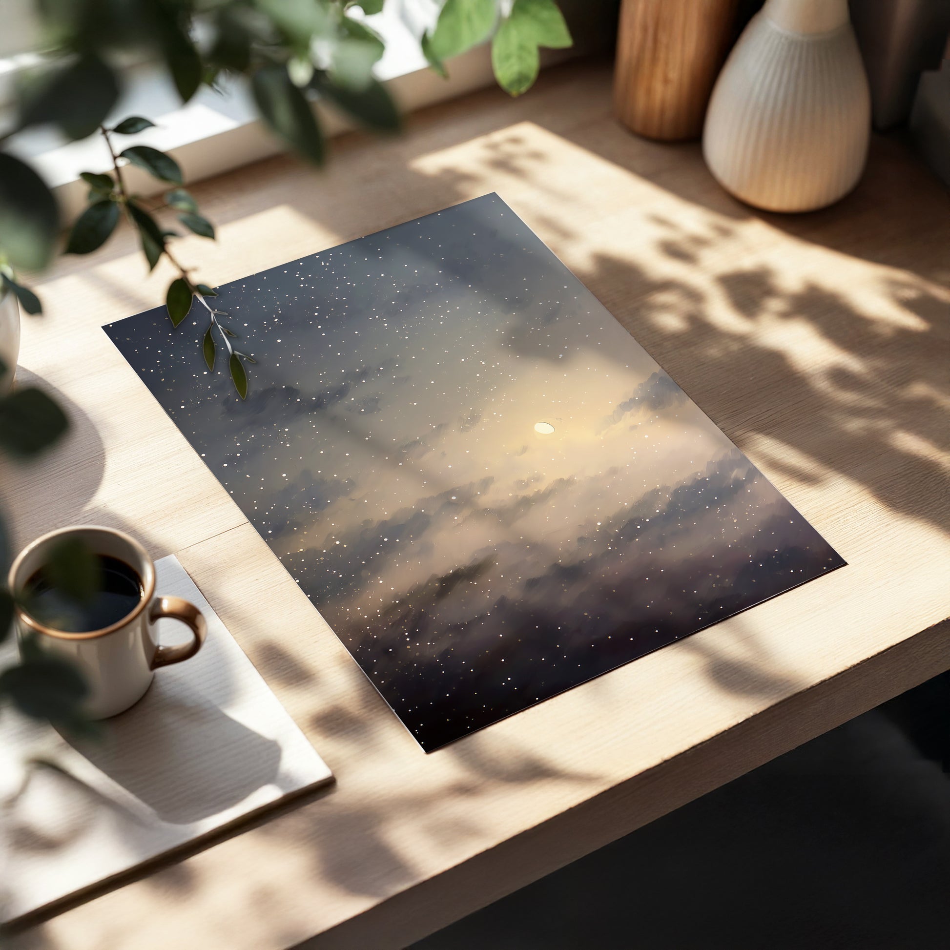 Gilded Nightfall, gray, beige, gold nature wall art displayed in a styled interior, gallery view 5